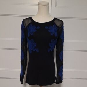 INC International Concepts Black Top with Blue Floral Accents